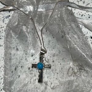 Turquoise Accent Silver Cross Necklace. Native American jewelry.